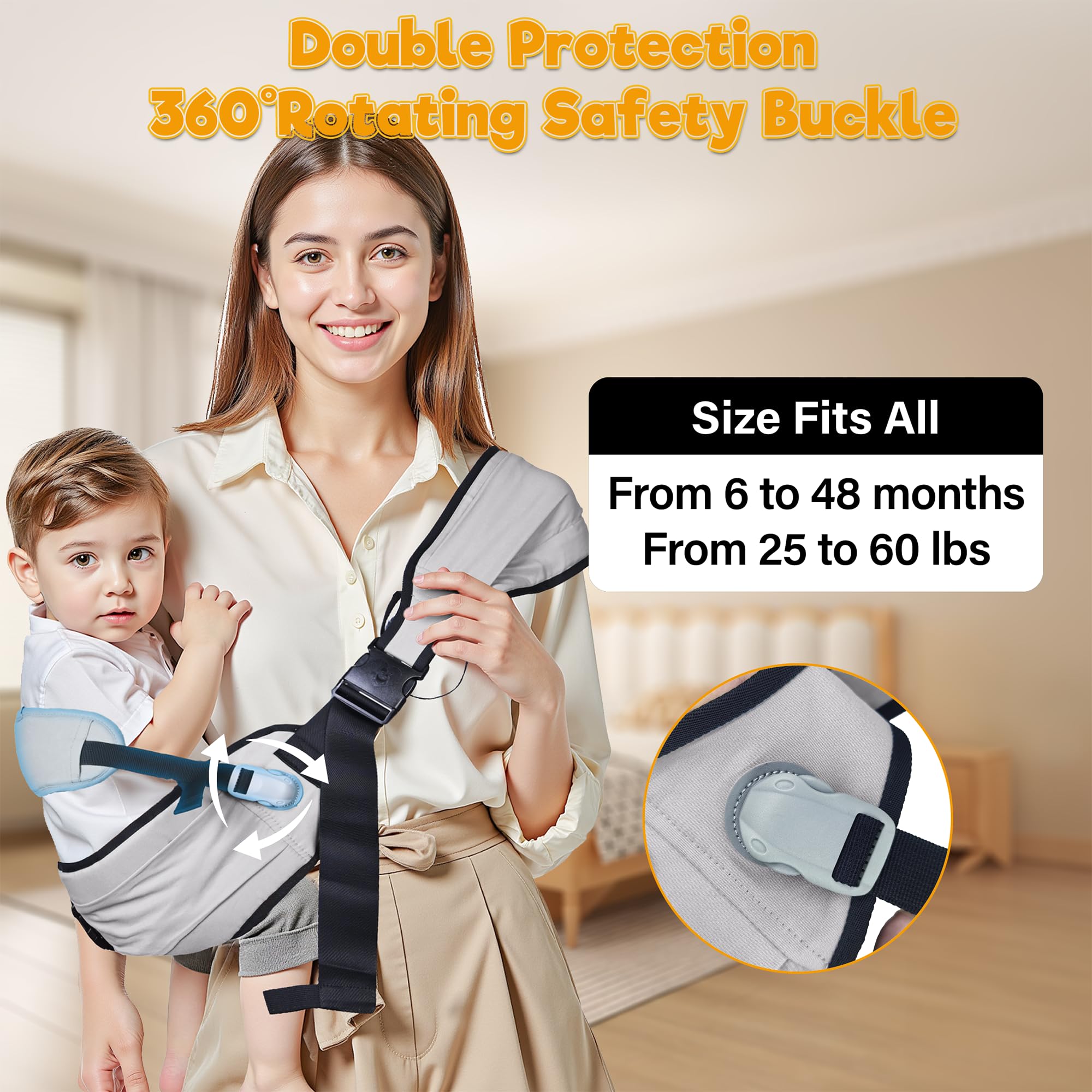Oblitor baby carrier shows shoulder and waist belt for secure support