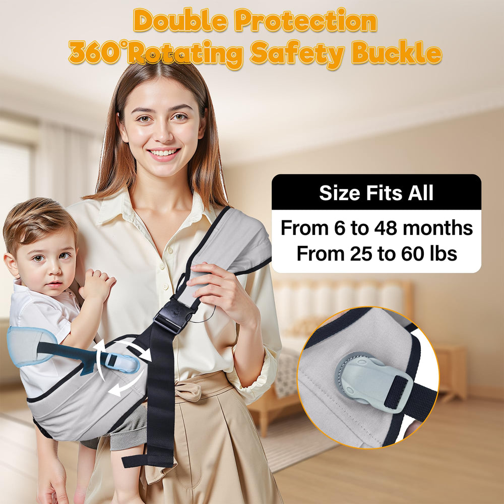 Oblitor baby carrier shows shoulder and waist belt for secure support