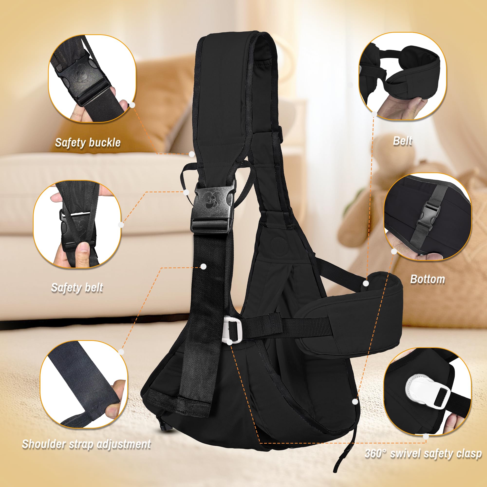 Oblitor baby carrier waist harness showing 360-degree safety coverage.