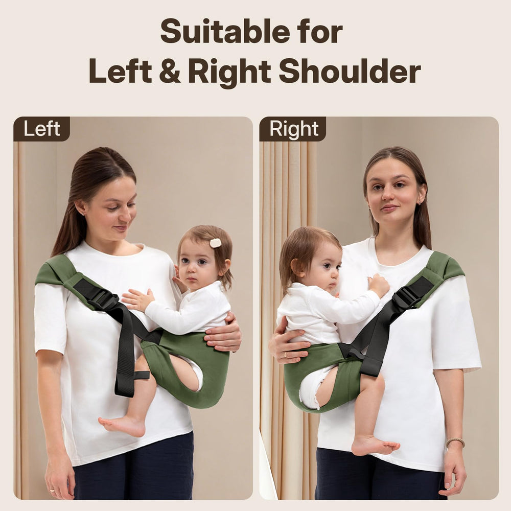 Oblitor toddler carrier showing left/right shoulder adjustability for balanced weight distribution.
