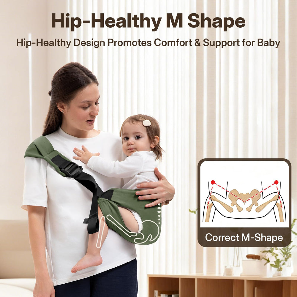 Oblitor universal-size baby sling illustrating versatile fit for all body types.