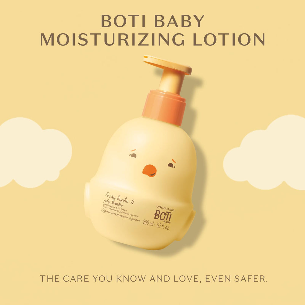 O Boticário Boti Baby lotion being applied during a gentle massage to promote calm