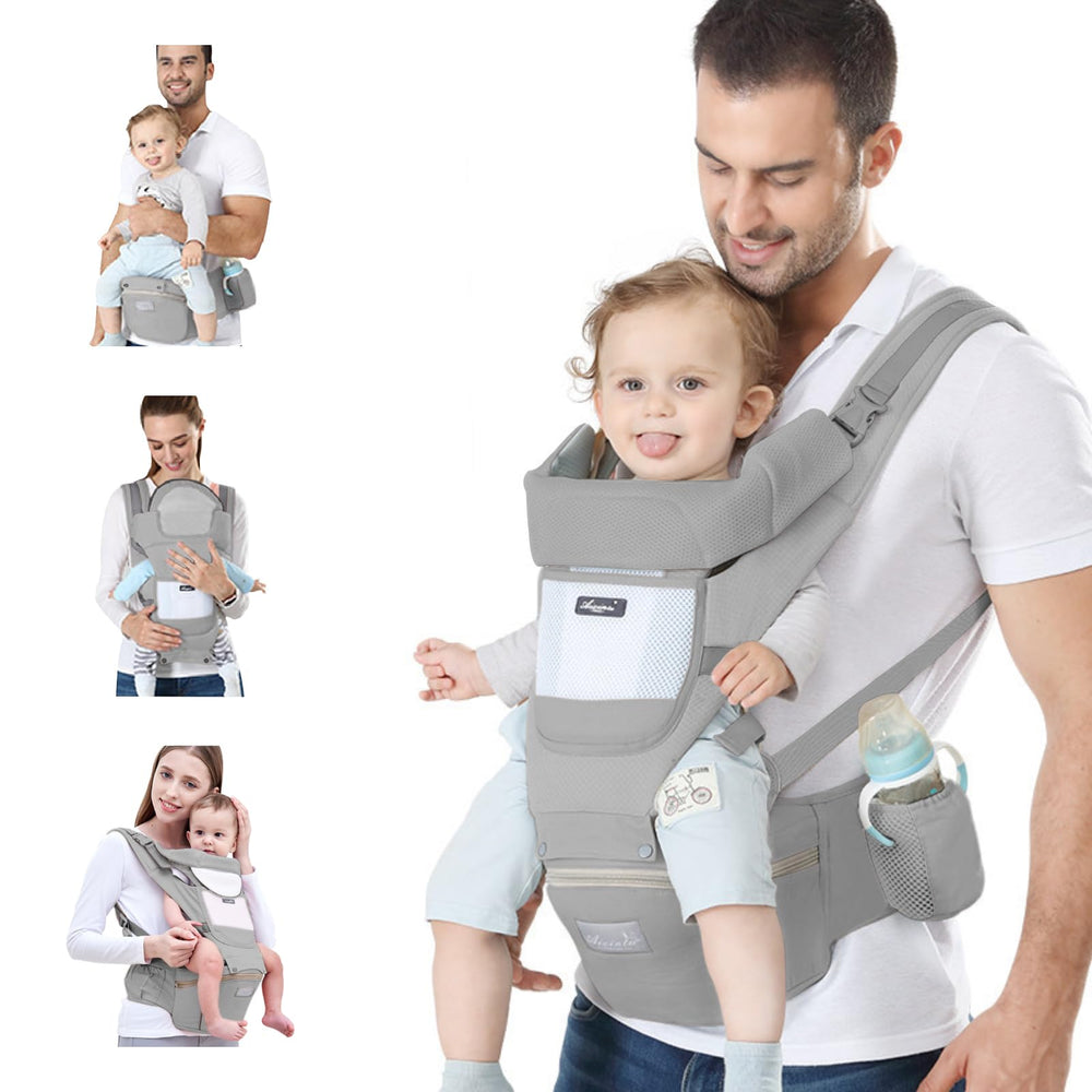 Ocanoiy baby carrier front view shows breathable cotton comfort for newborns.