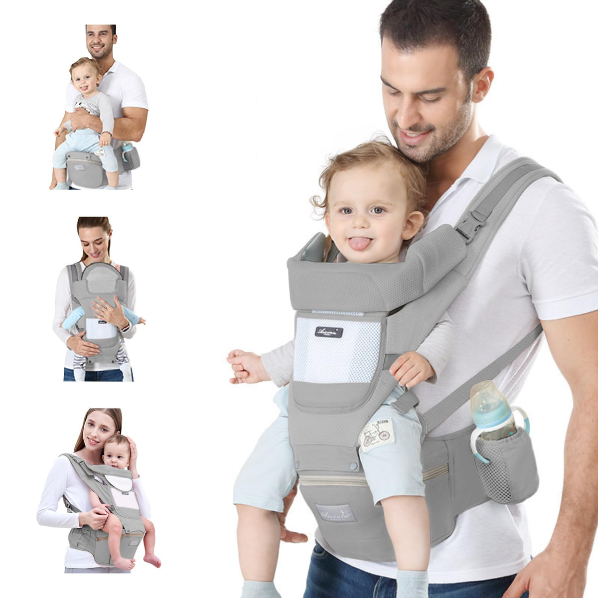 Ocanoiy baby carrier front view shows breathable cotton comfort for newborns.