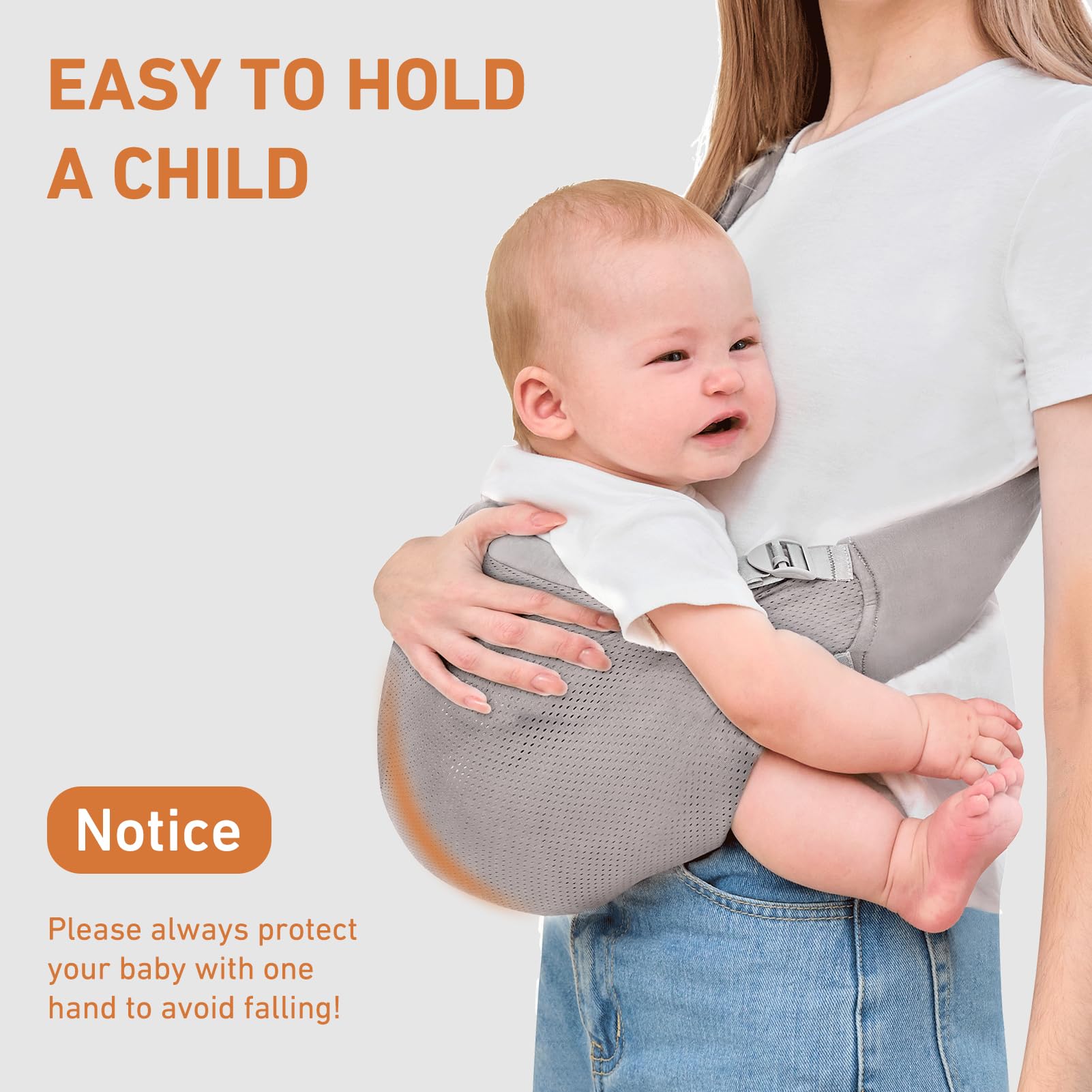 Ocanoiy grey sling worn, enabling hands-free errands and cuddles.