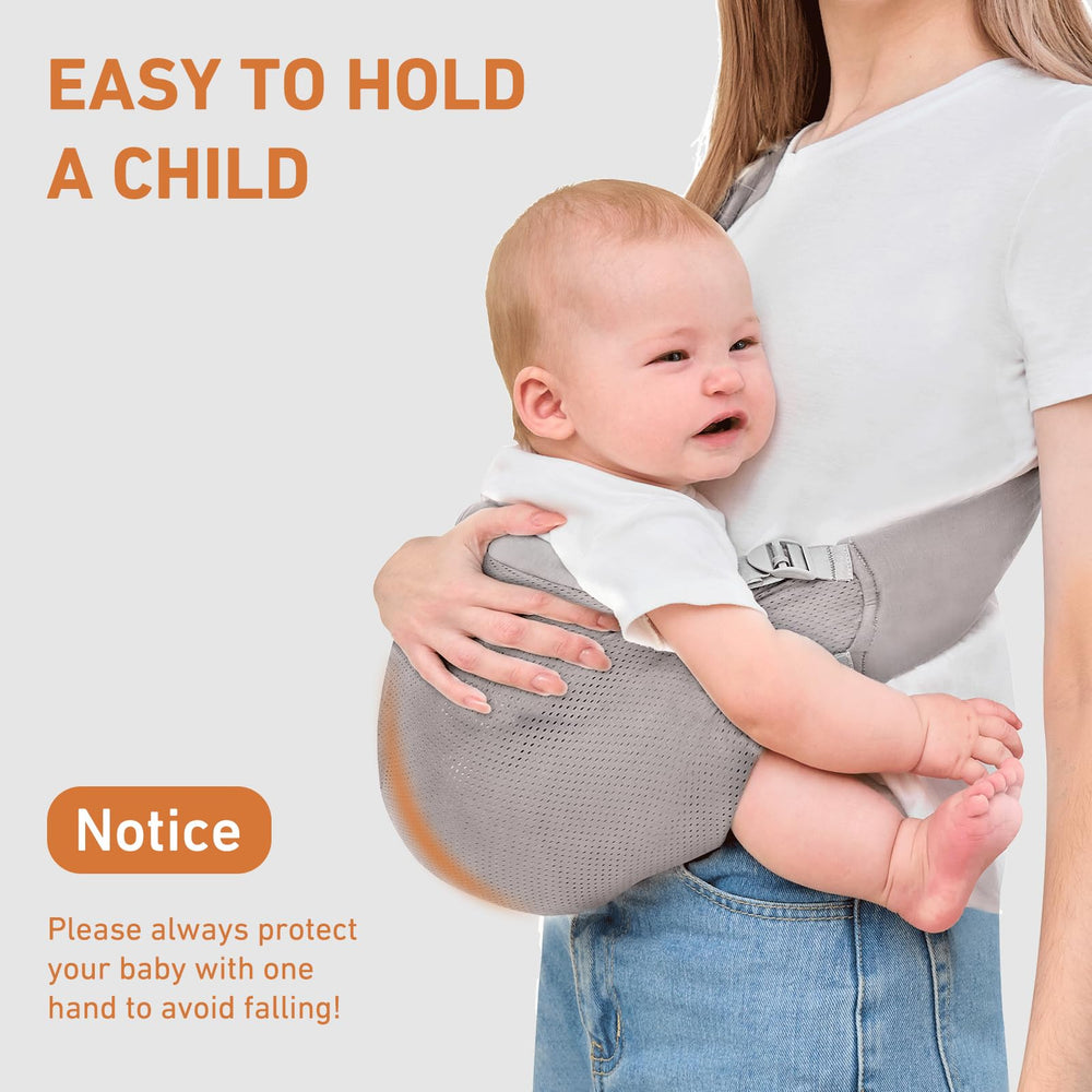 Ocanoiy grey sling worn, enabling hands-free errands and cuddles.