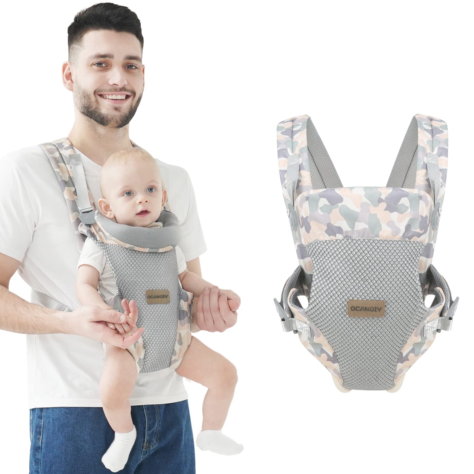 Ocanoiy baby wrap front carry camouflage for ergonomic, hands-free use.