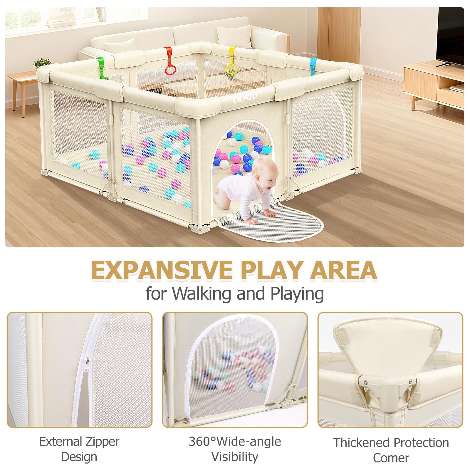 OCATO playpen at 27-inch height helps deter climbing and keep baby safe.