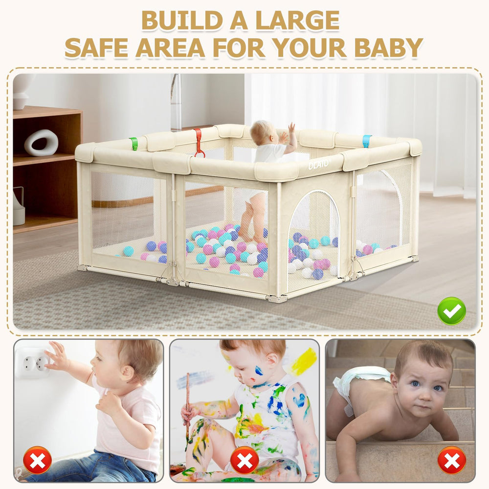 OCATO portable playpen shown indoors and outdoors for versatile use.