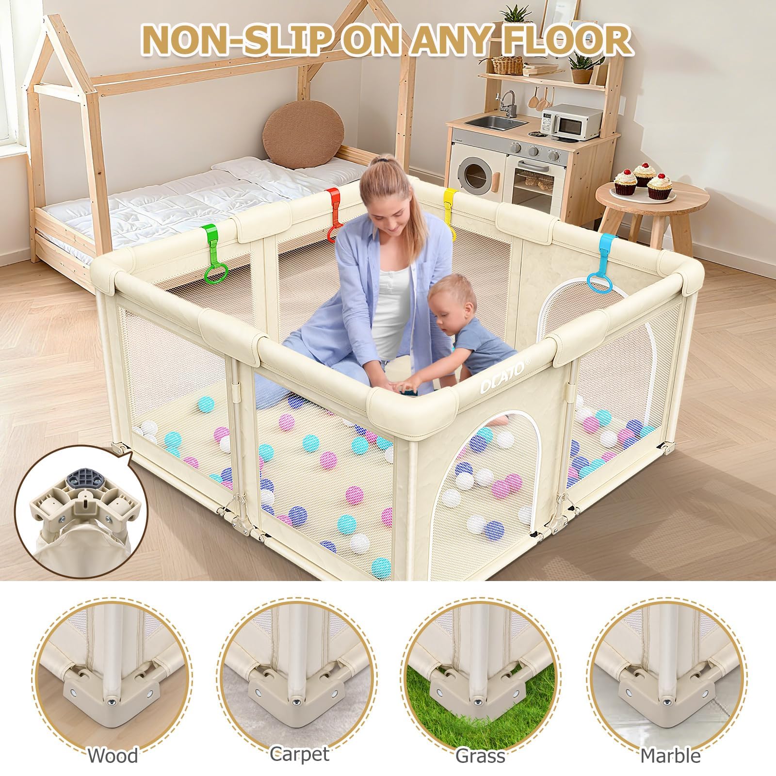 OCATO non-slip base keeps the playpen stable on wood, carpet, and outdoors.