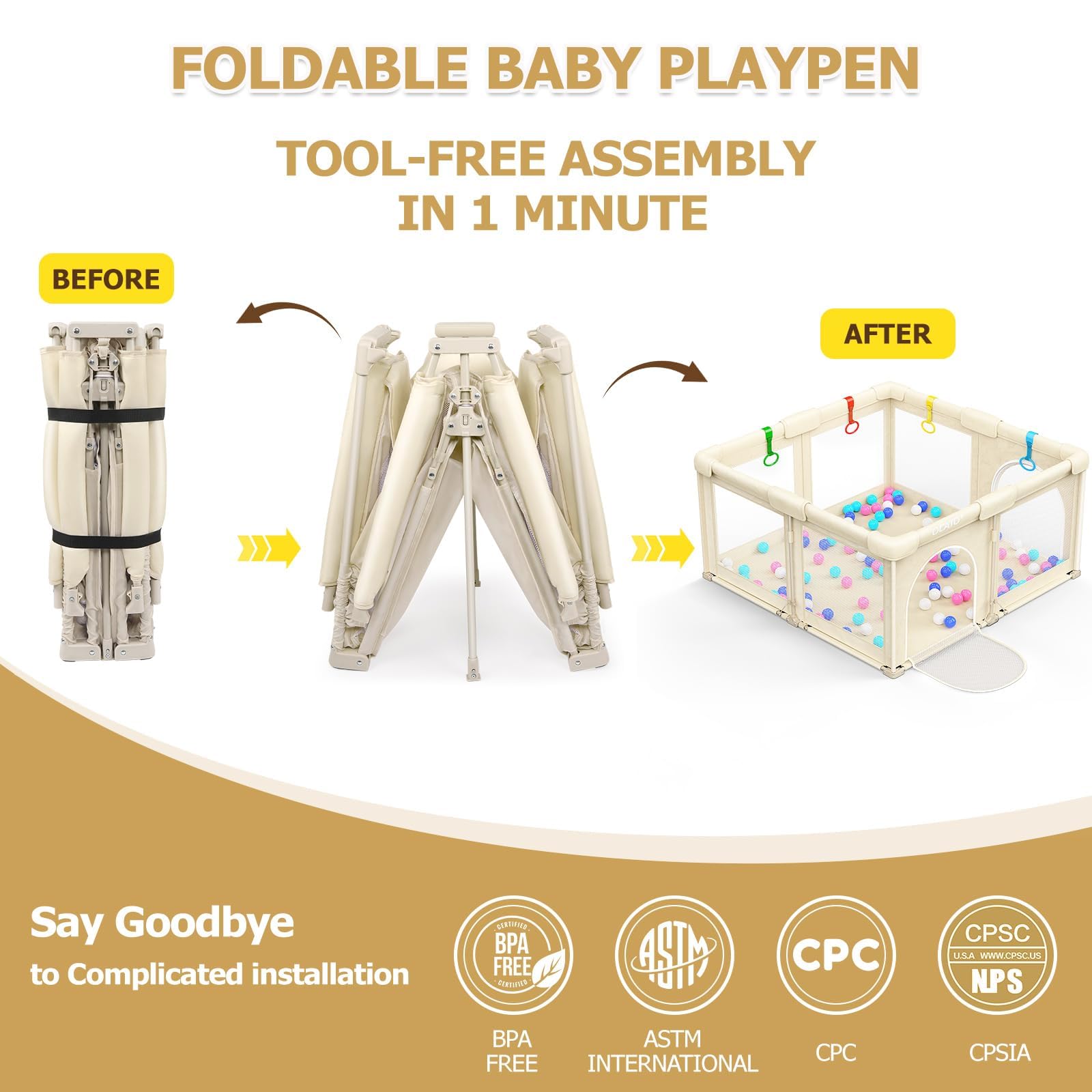 OCATO foldable playpen setup scene demonstrates quick, one-person assembly.