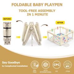 OCATO foldable playpen setup scene demonstrates quick, one-person assembly.