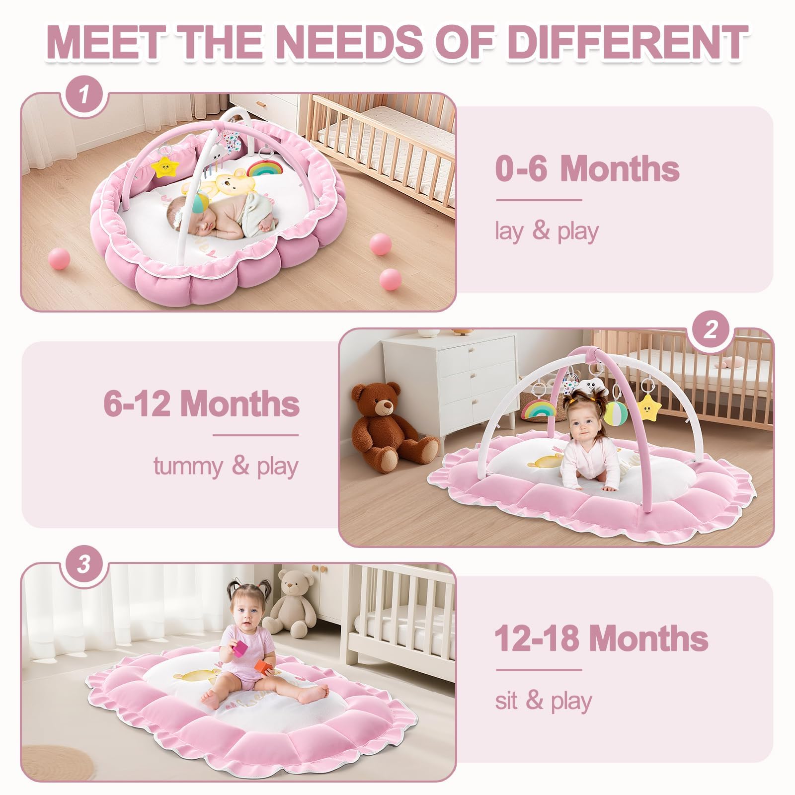 OCATO Baby Play Mat Gym safety cushions with edge-free design for gentle play.