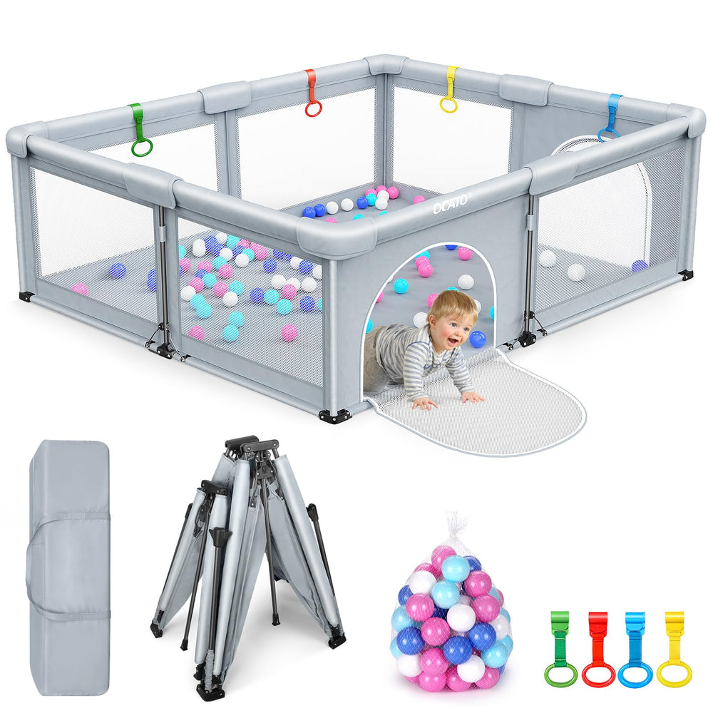 OCATO baby playpen folded compact for travel and storage convenience.