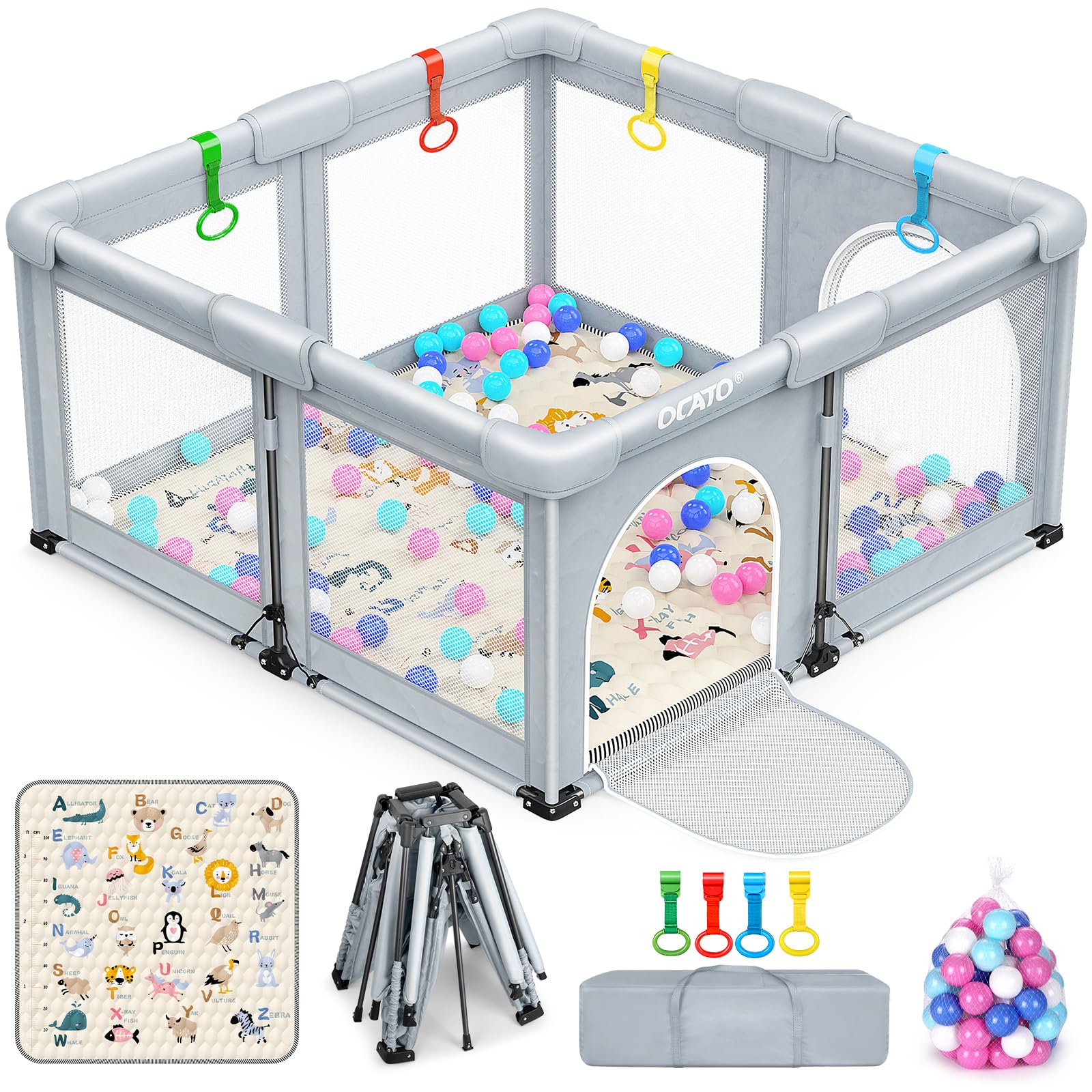 OCATO baby playpen folded for compact storage and easy transport.
