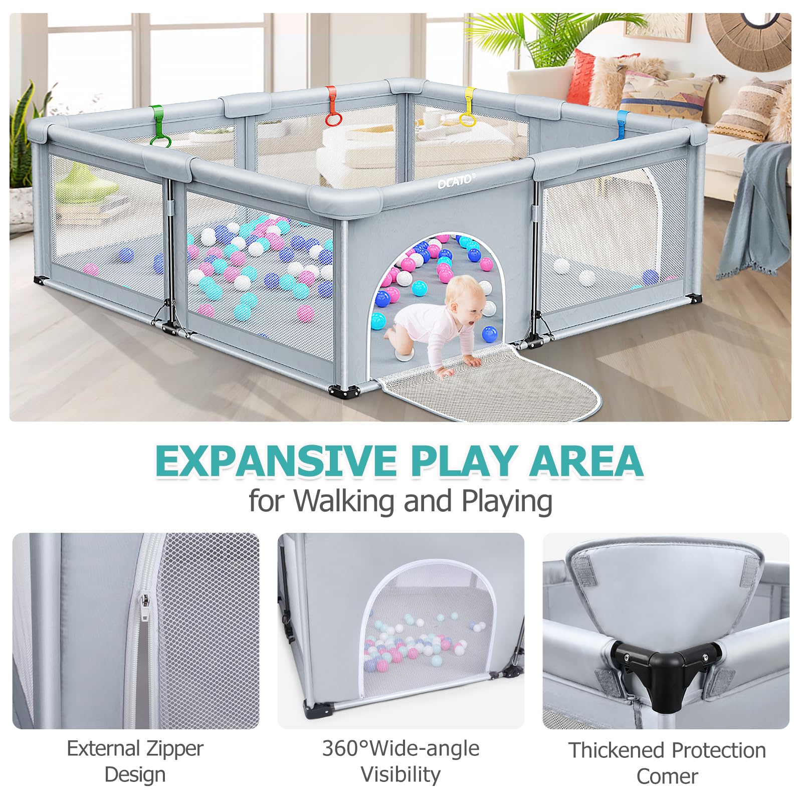 OCATO baby playpen hanging rings illustrate grasp practice for babies.