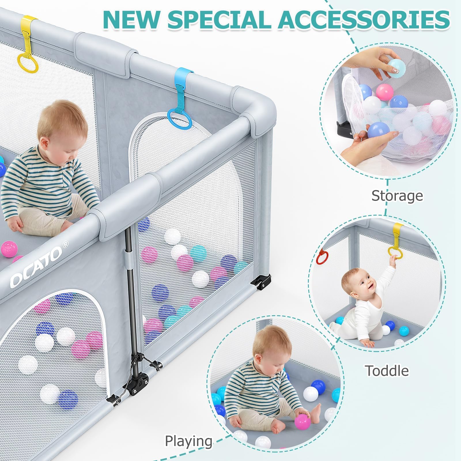 OCATO playpen suitable for indoor and outdoor use as a safe play area.