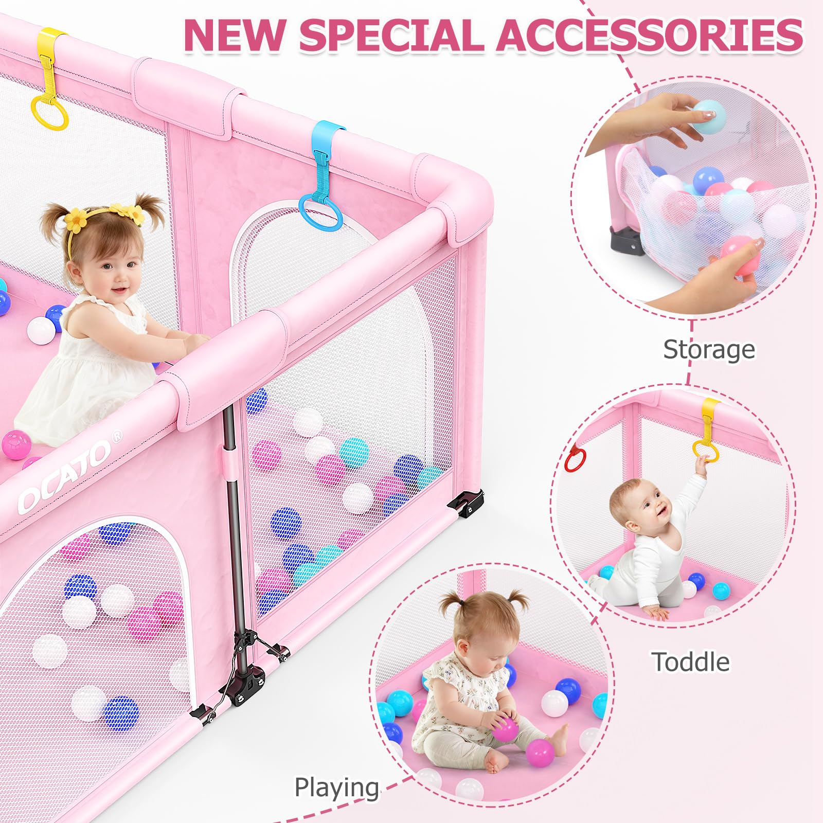 OCATO Playpen mesh-wall: 360° visibility for parent-child interaction.