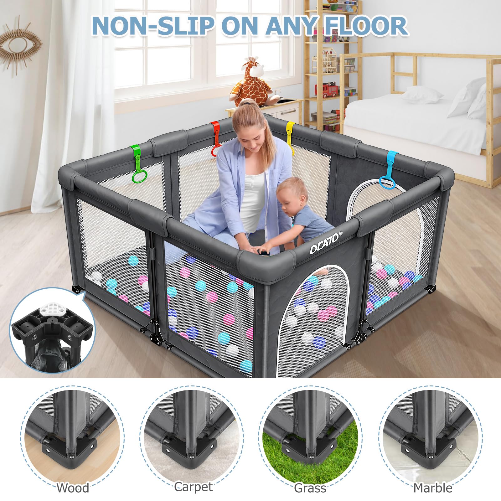 OCATO baby playpen non-slip base keeps baby safe on any surface