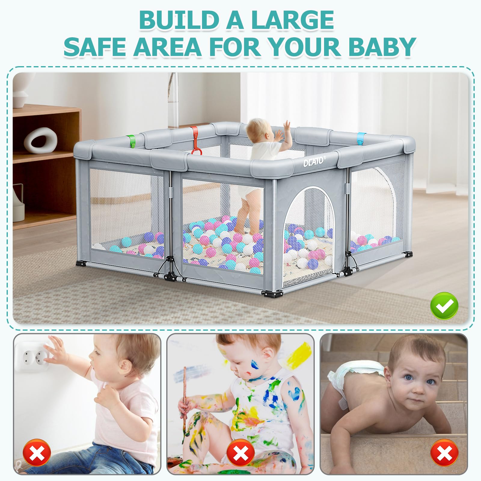 OCATO spacious play area supports crawling, walking, and exploring.