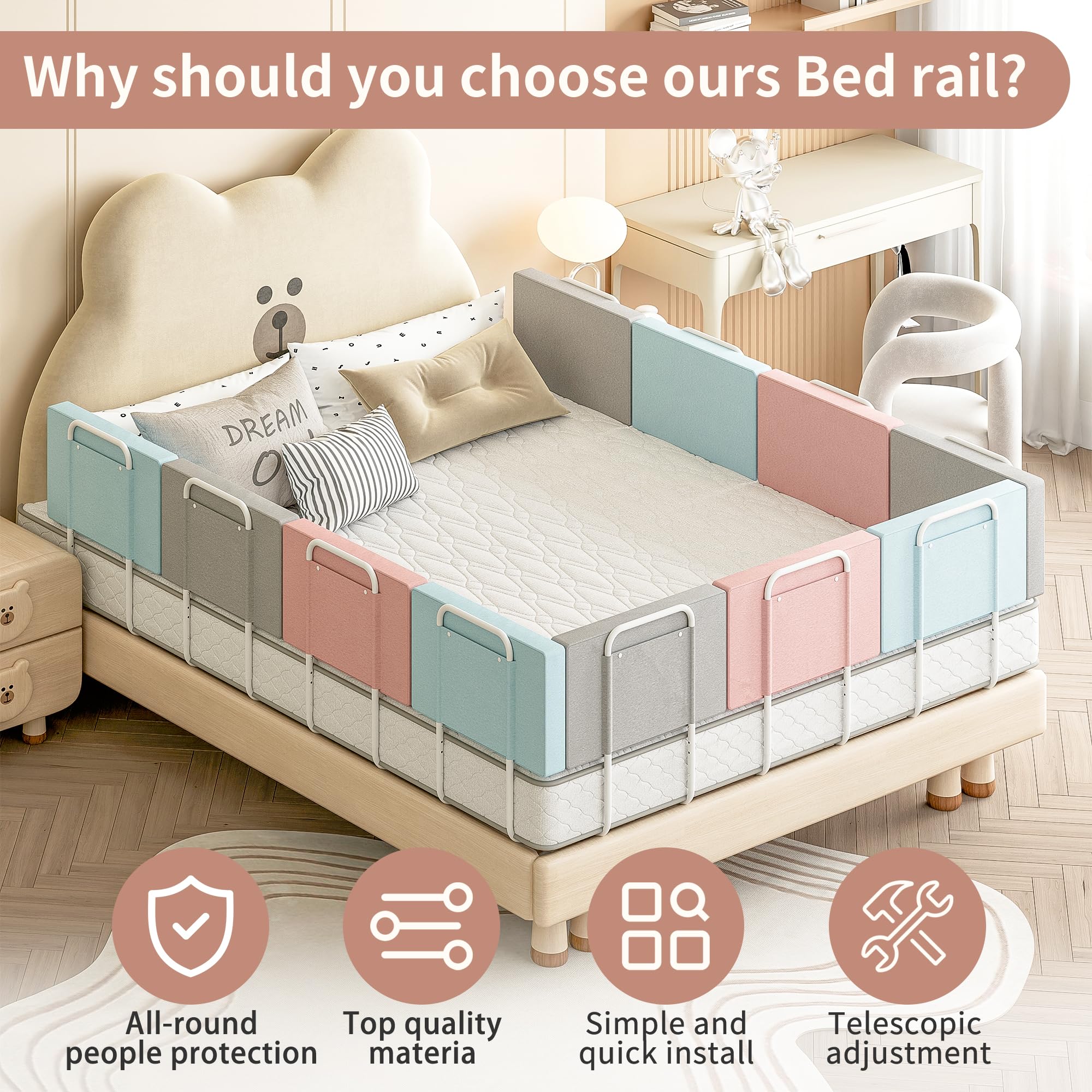 OCBAiLi under-mattress installation bed rail simplifies setup in seconds.