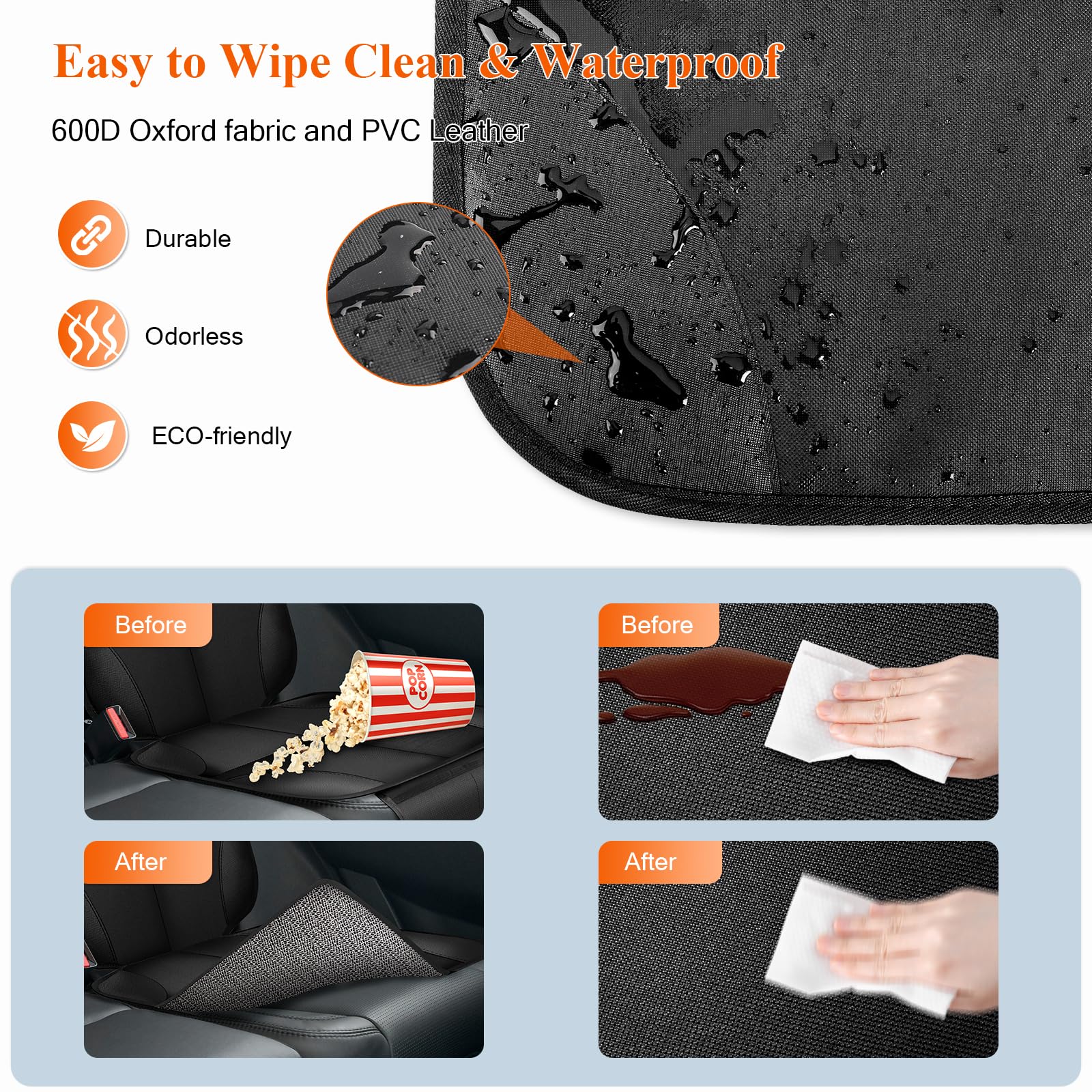 OCCKAI car-seat protector easy-clean surface cleans with towel and mild soap.