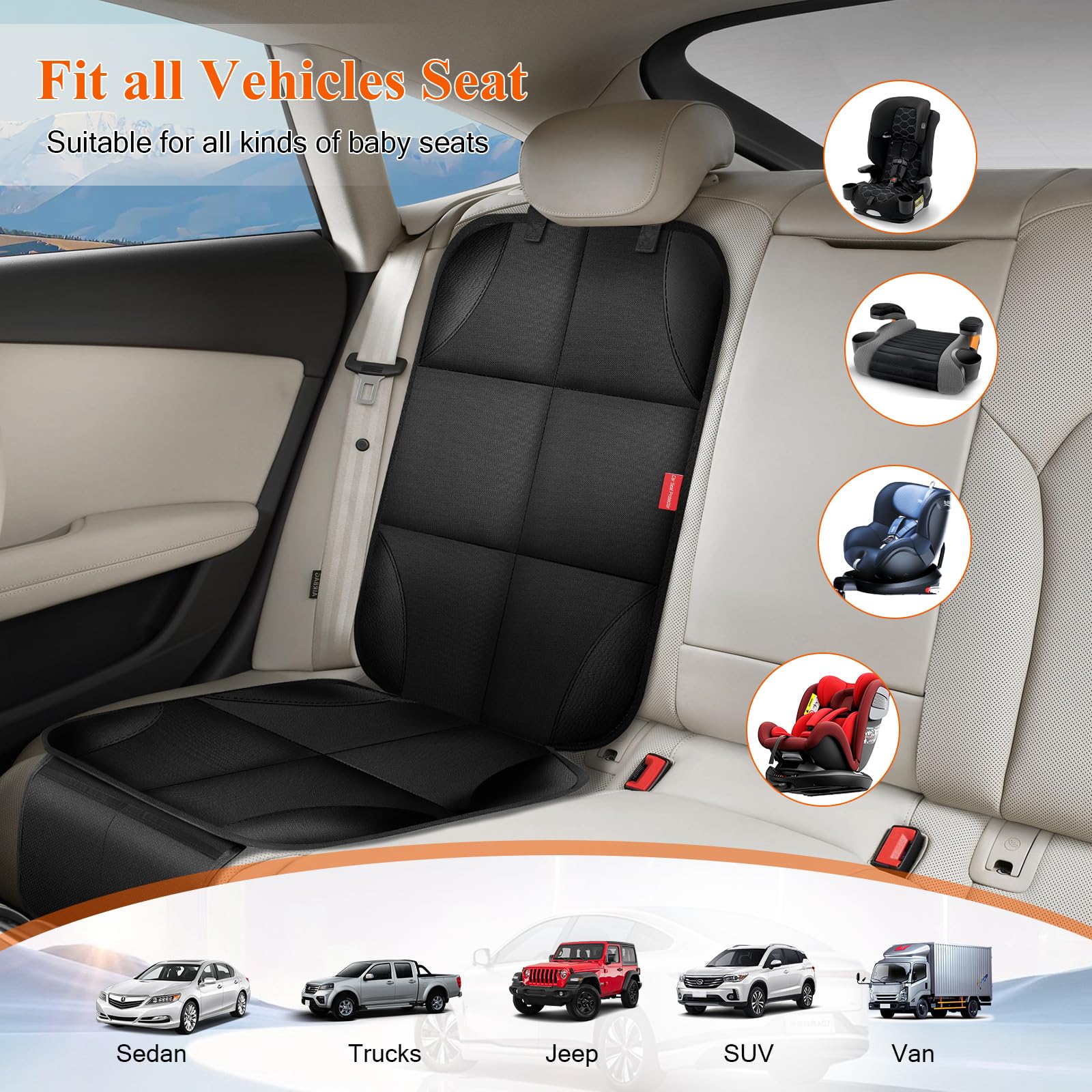 OCCKAI car-seat protector storage pockets keep toys and bottles within reach.