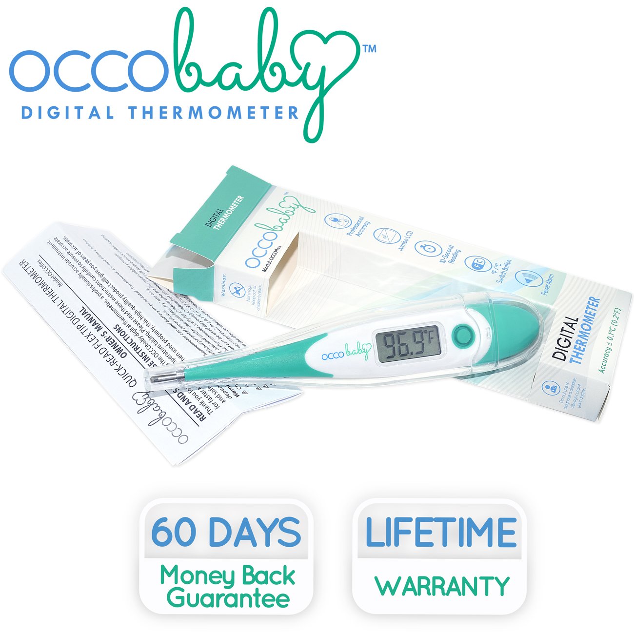 OCCObaby waterproof baby thermometer for easy cleaning after baths or spills.