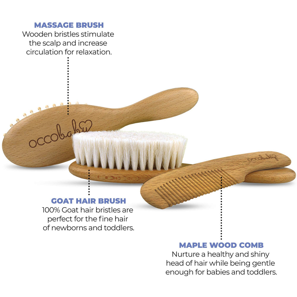 OccObaby goat hair brush provides soft, soothing scalp care for newborns.