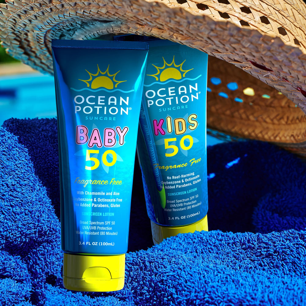 Ocean Potion Kids SPF50 broad-spectrum label with UVA/UVB coverage.