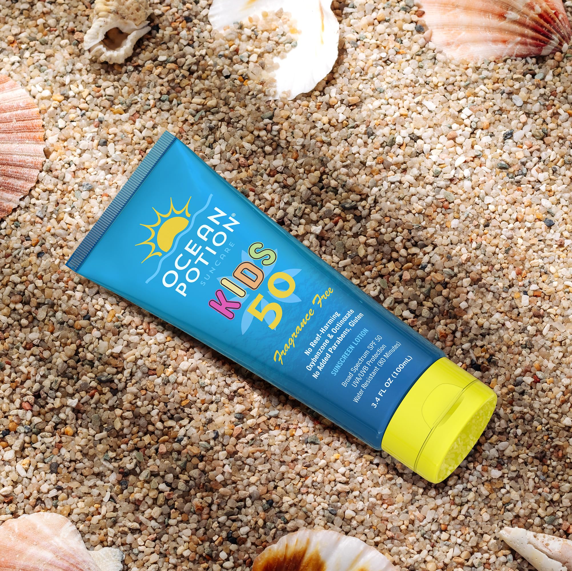 Ocean Potion Kids SPF50 bottle image highlighting 80-minute water resistance.