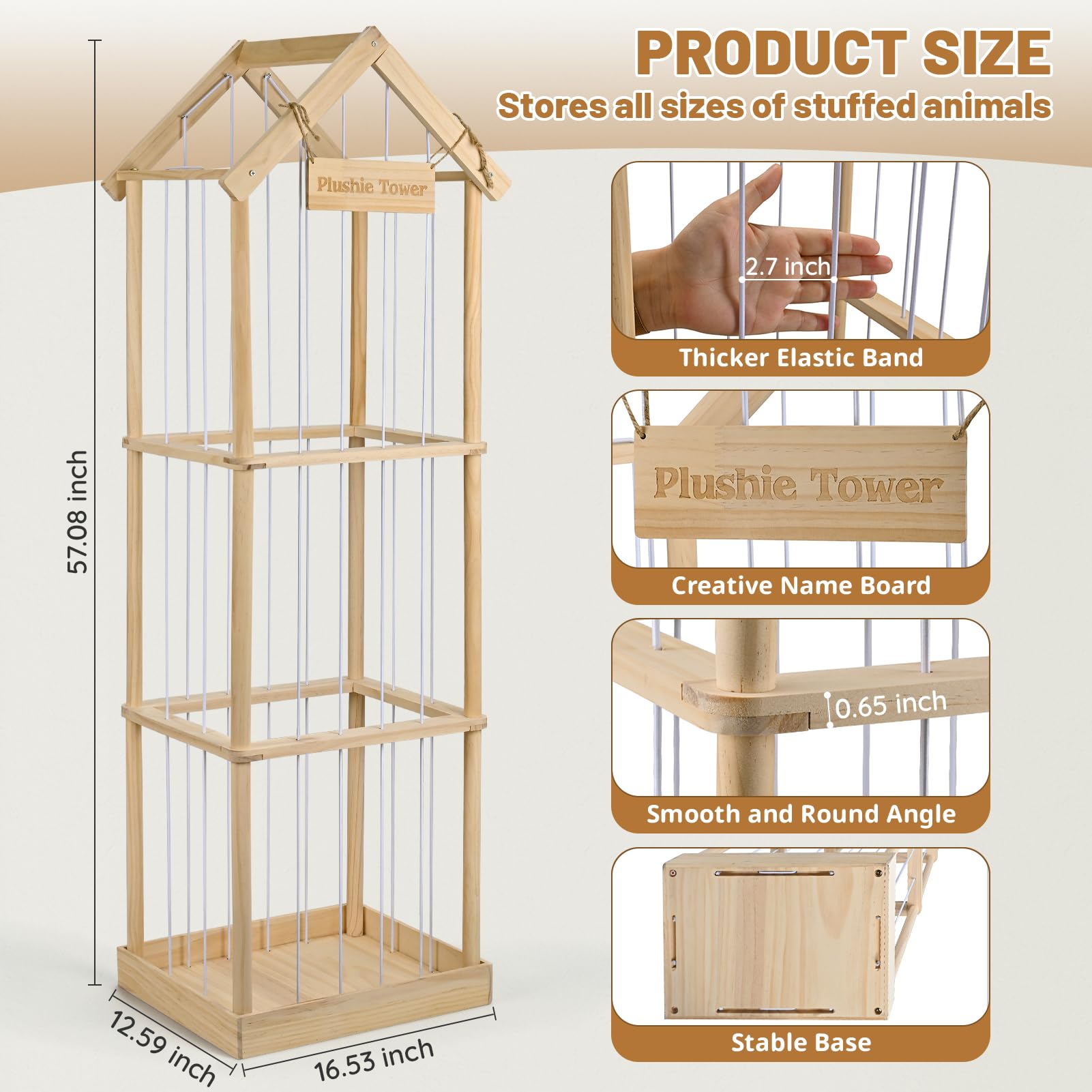 OCERAVE solid wood stuffed animal organizer, side view, emphasizes durable furniture-grade storage