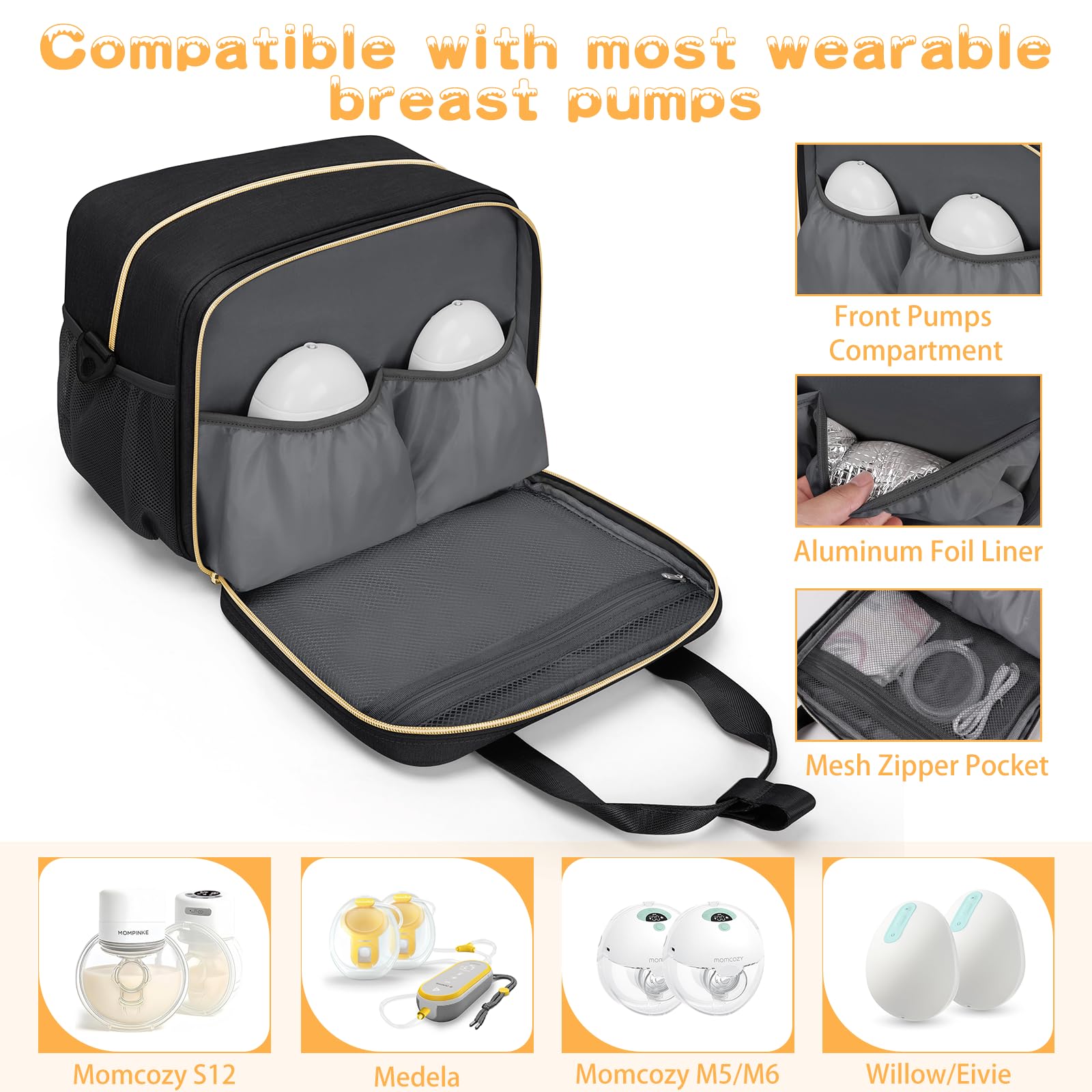 OCKLILY bag's padded elastic pockets protect accessories during on-the-go pumping.