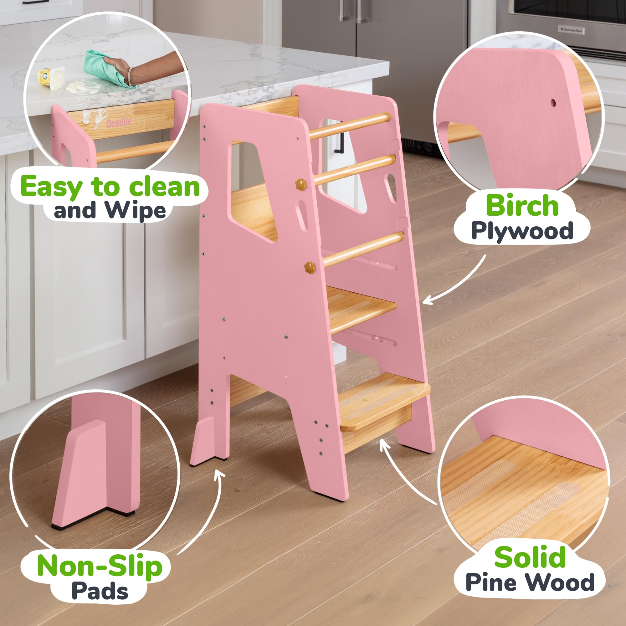 OCODILE height-adjustable platform grows with kids, accommodating new skills and tasks.