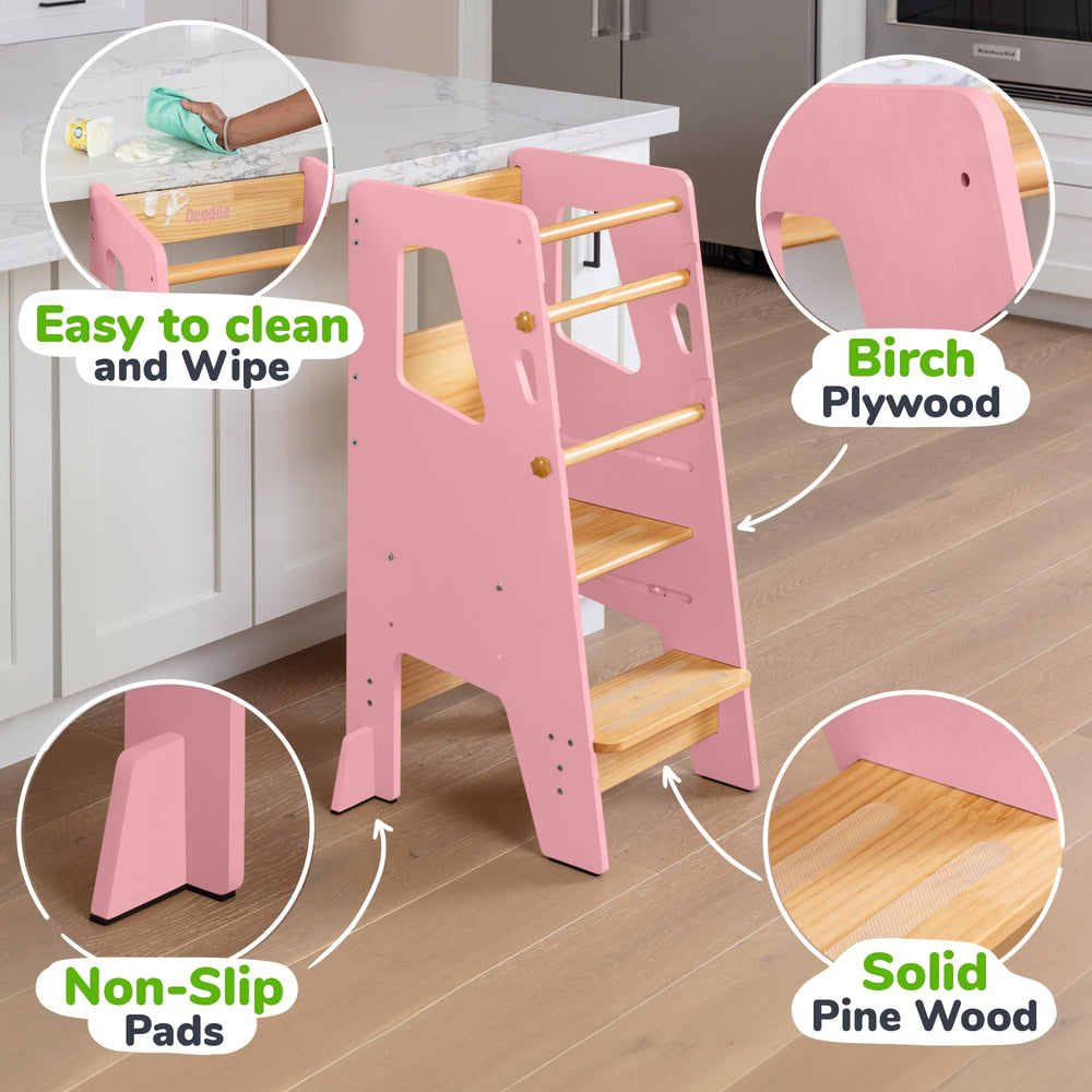 OCODILE height-adjustable platform grows with kids, accommodating new skills and tasks.