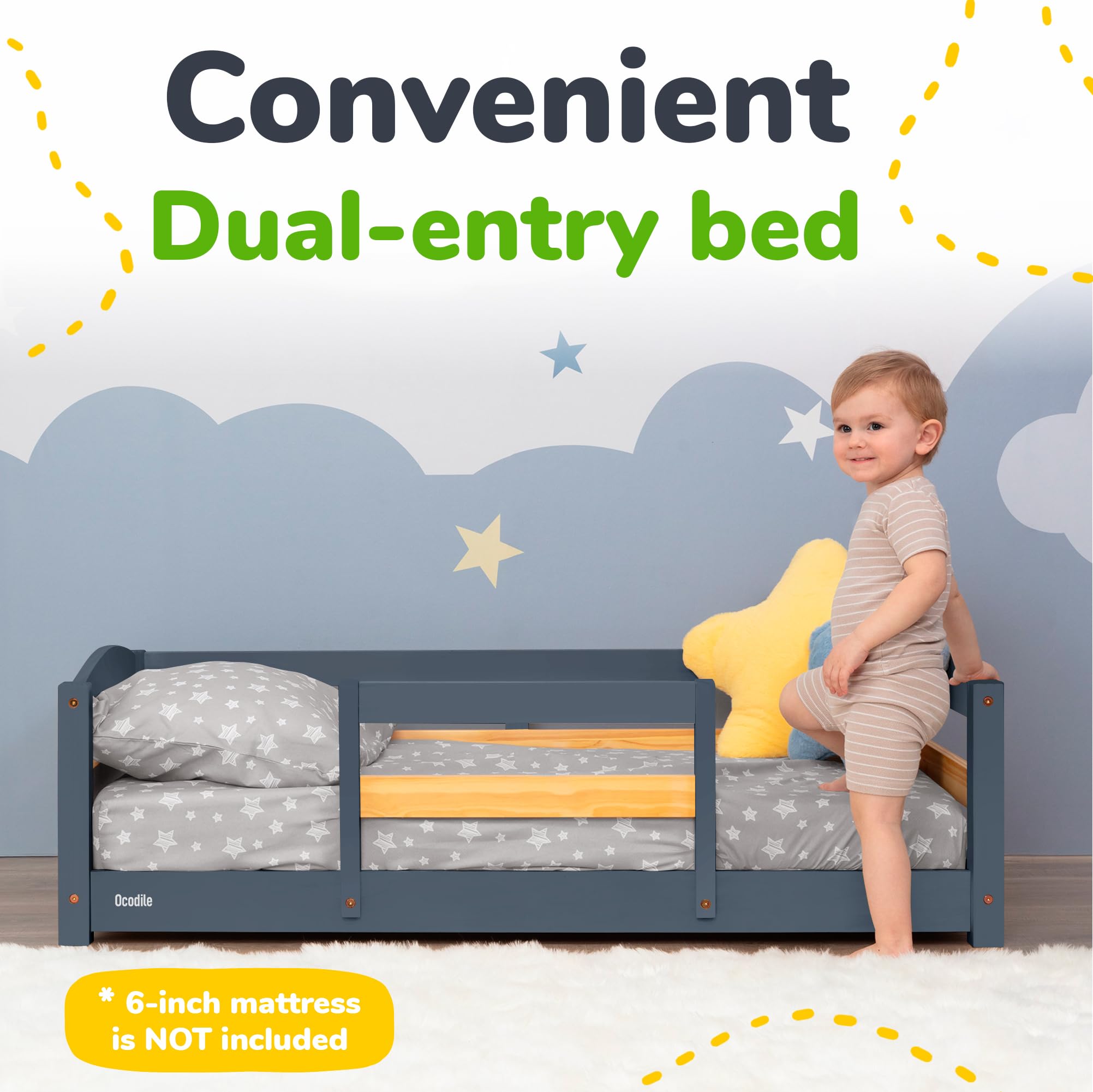 Ocodile gray Montessori bed in a cozy bedroom scene.