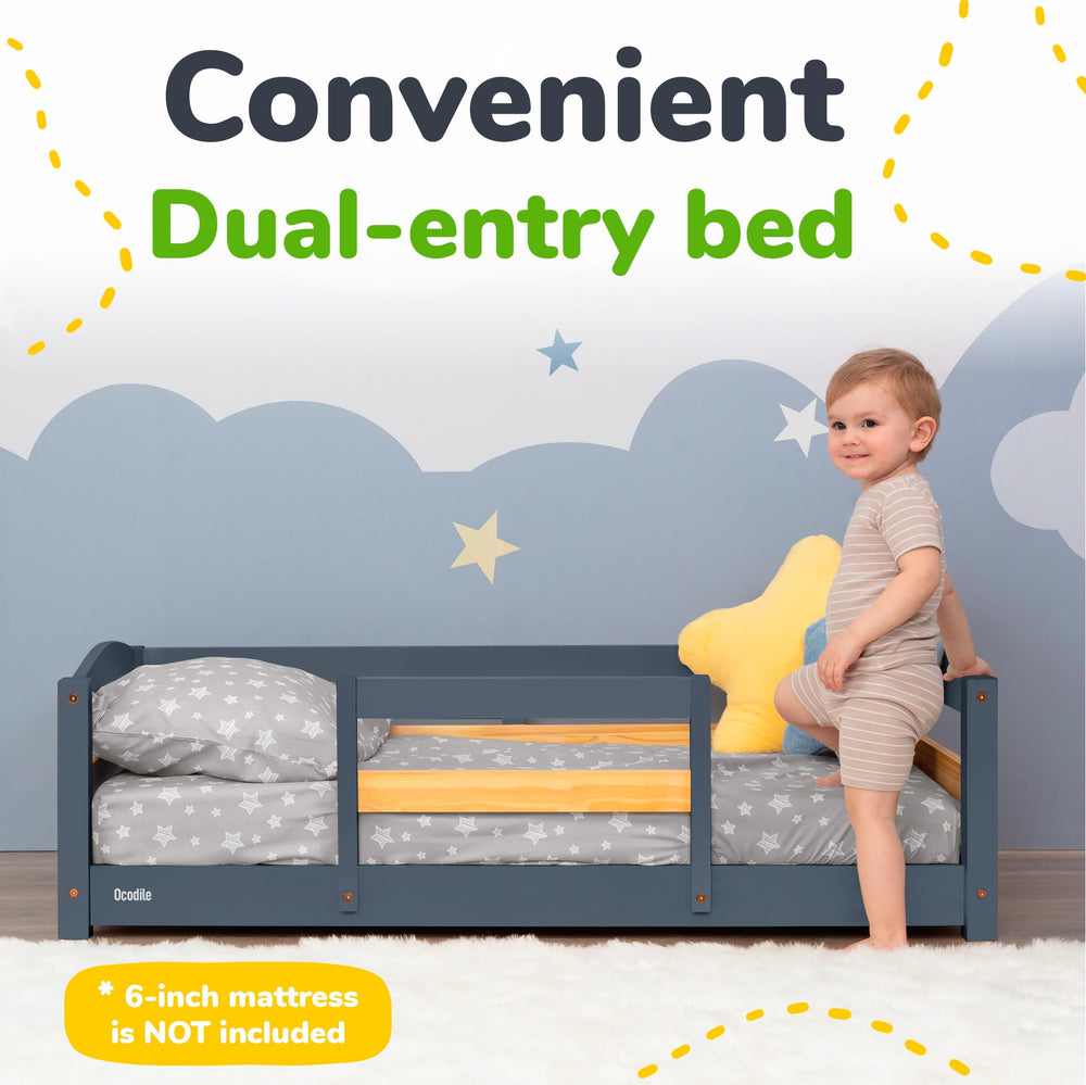 Ocodile gray Montessori bed in a cozy bedroom scene.