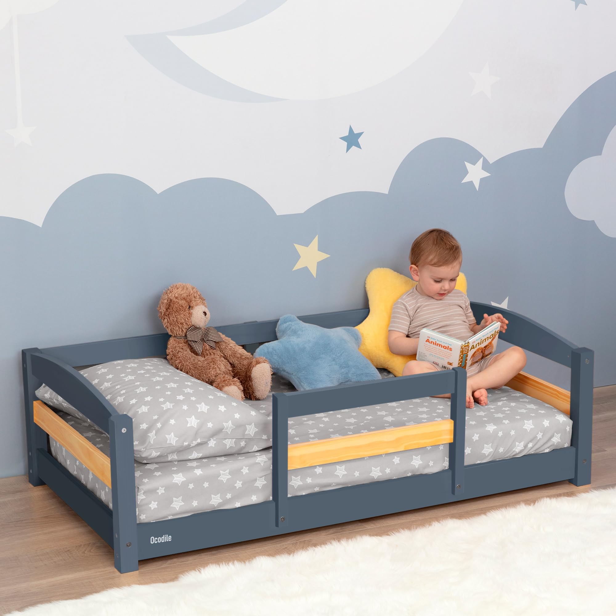 Ocodile toddler bed rails gray side view shows safe low-profile sleep setup.