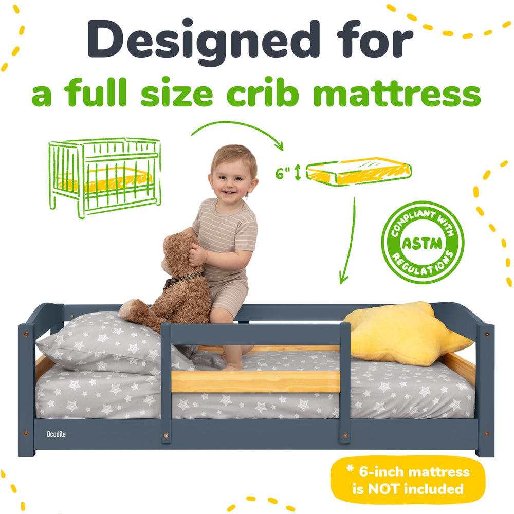 Ocodile bed with removable guardrail supports flexible toddler sleep arrangements.