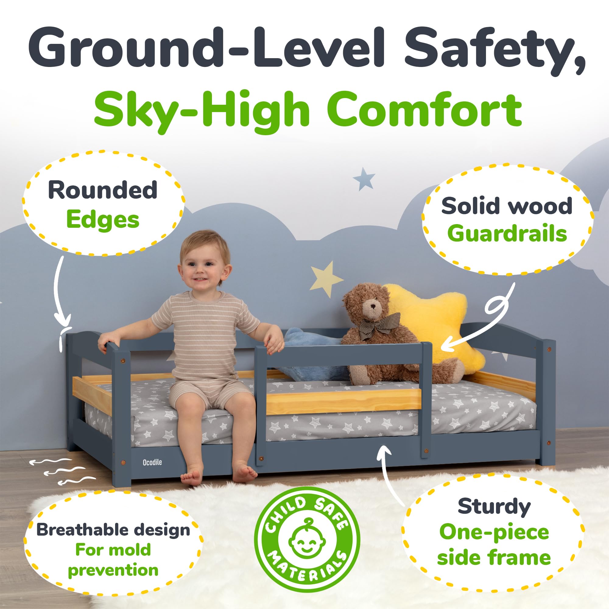Ocodile toddler bed rails fit standard crib mattress for easy reuse.