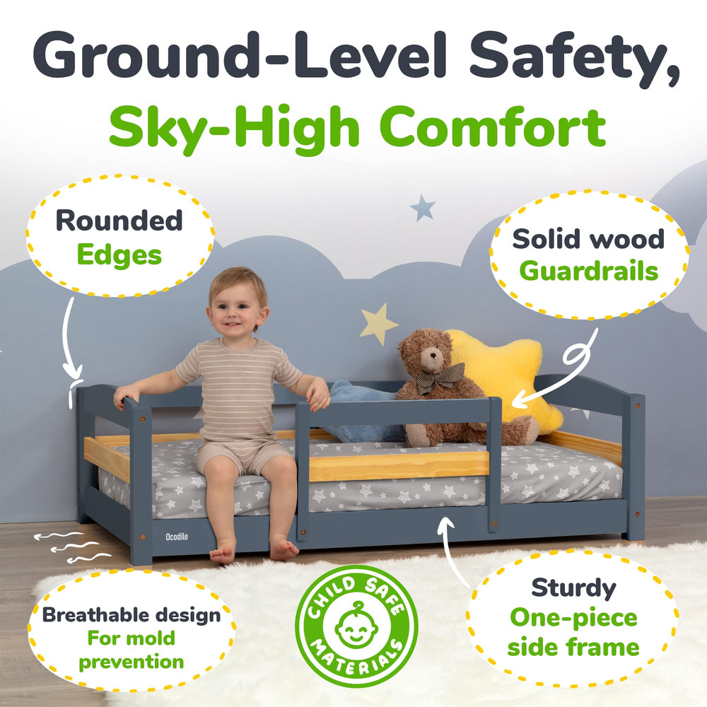 Ocodile toddler bed rails fit standard crib mattress for easy reuse.