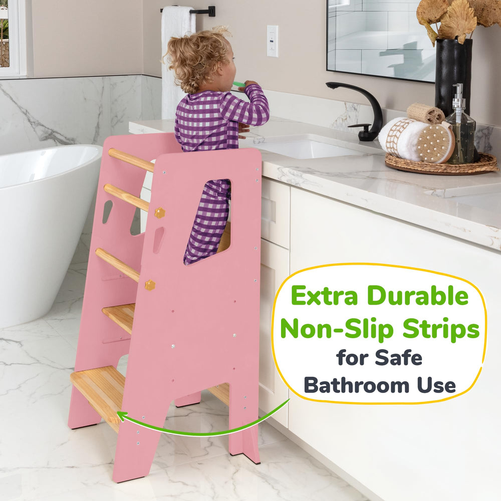 OCODILE toddler kitchen stool with safety bars offers removable protection for early independence.