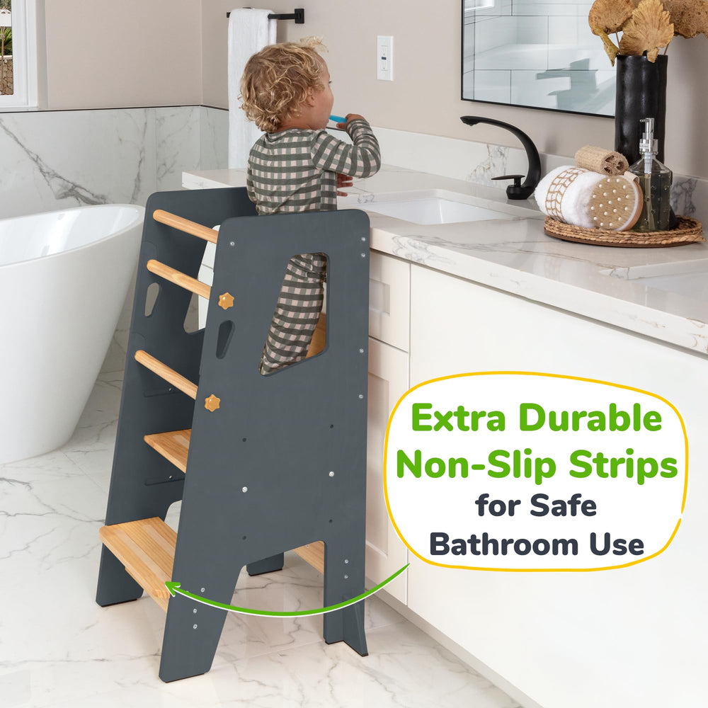 OCODILE toddler kitchen stool showing removable safety bars for safe independence