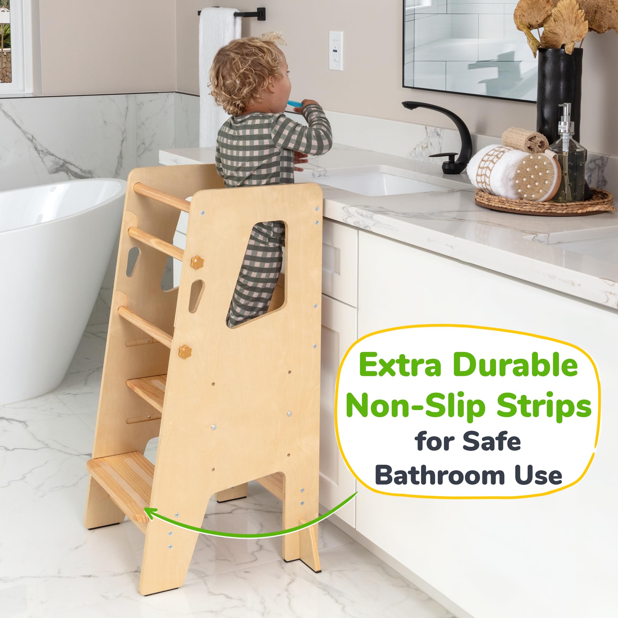OCODILE Standing Tower adjustable height highlight growth with child during kitchen tasks