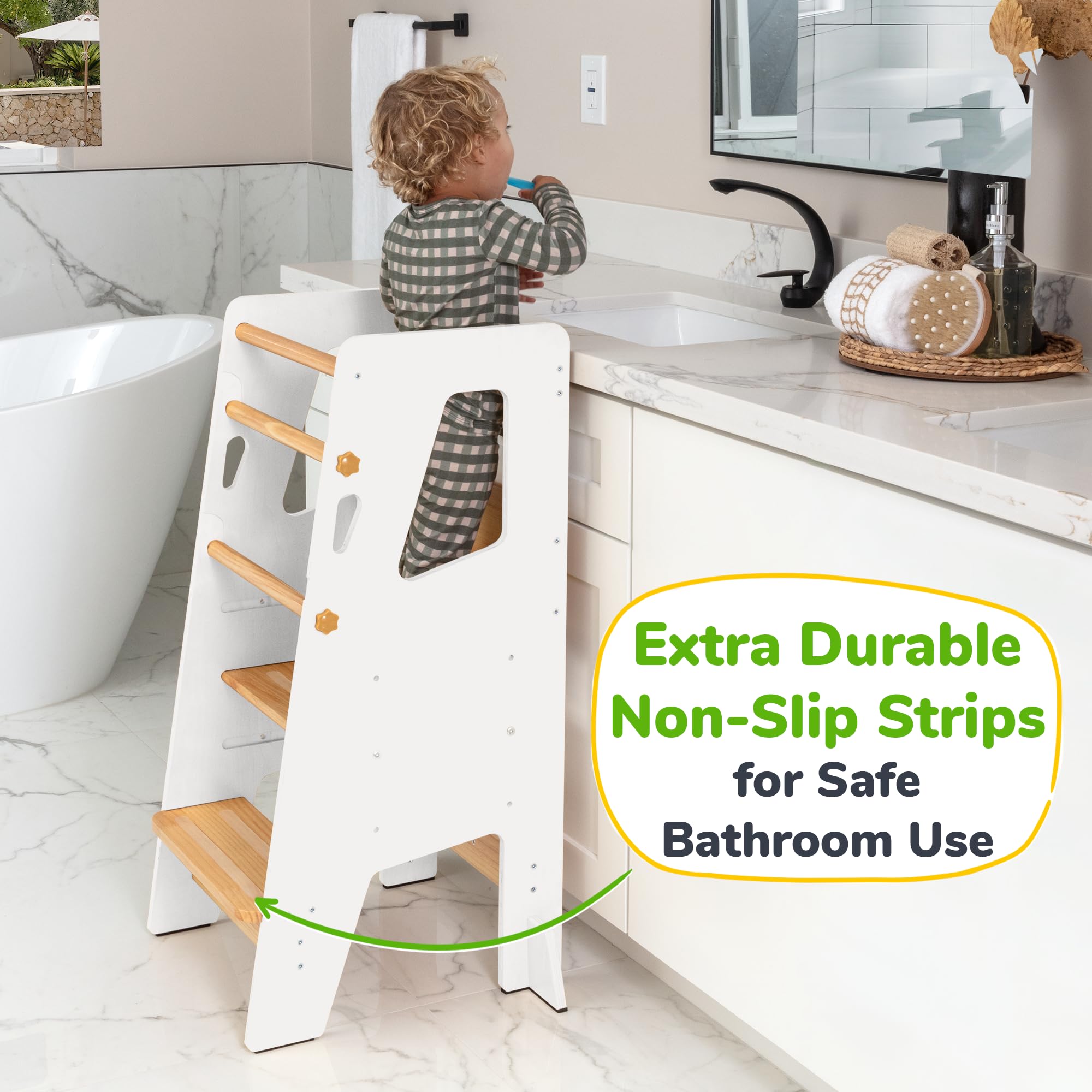 OCODILE toddler standing tower showing removable safety bars for extra protection