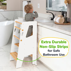 OCODILE toddler standing tower showing removable safety bars for extra protection