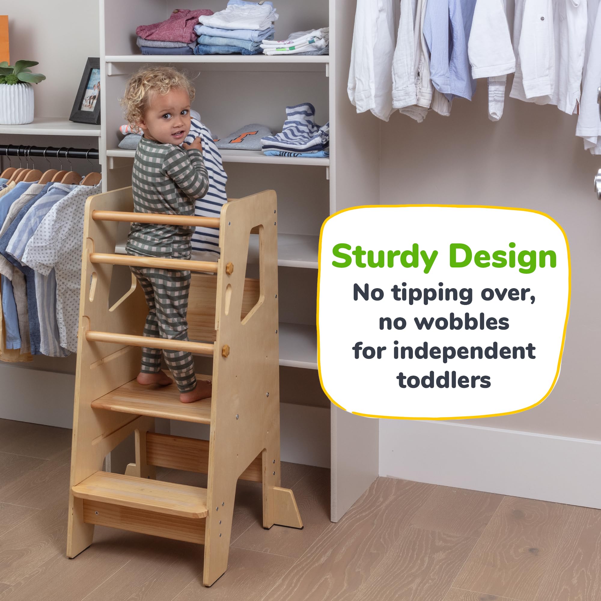 OCODILE Toddler Standing Tower safety feet demonstrate anti-tip stability on hardwood floors