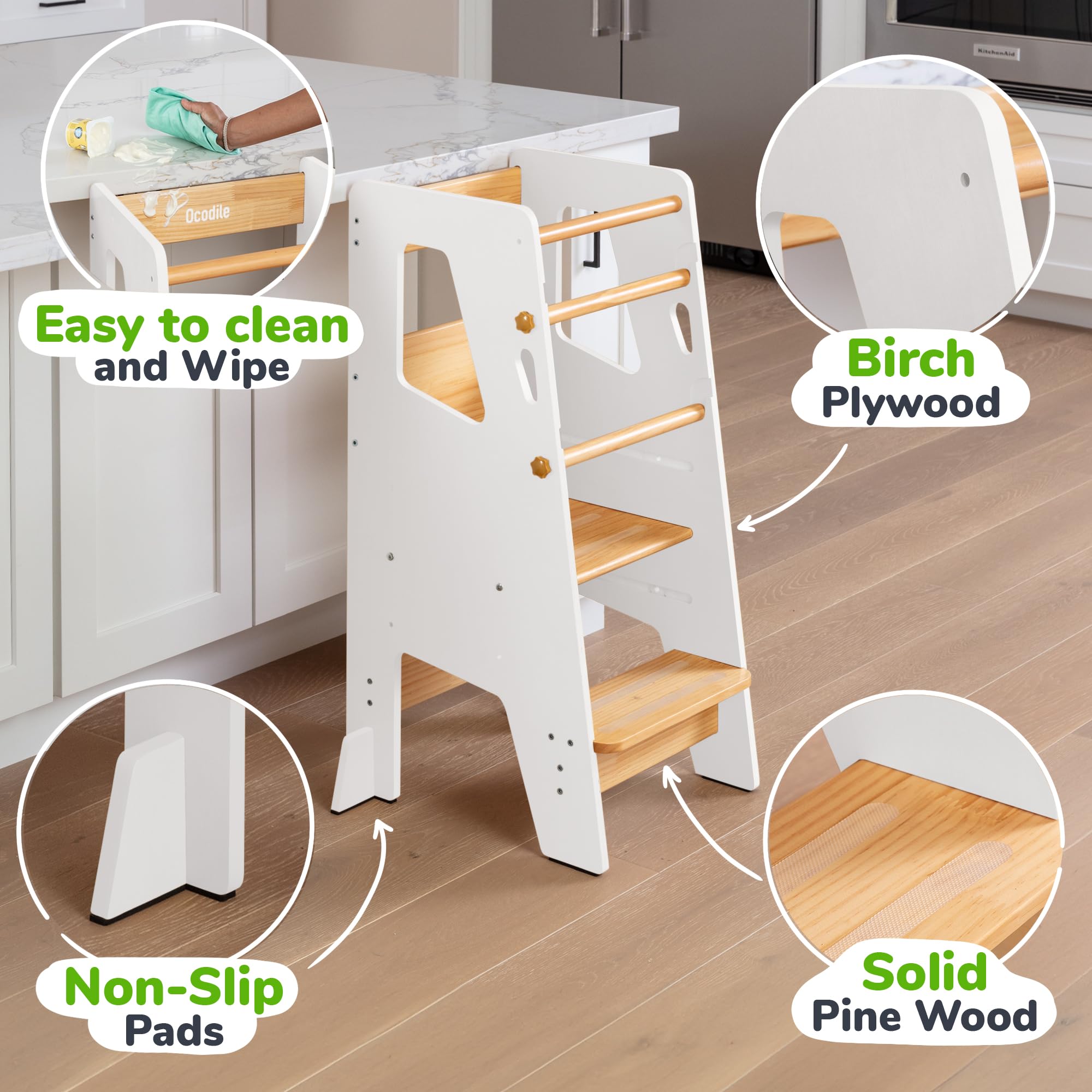 OCODILE white toddler standing tower design fits modern kitchens and learning spaces
