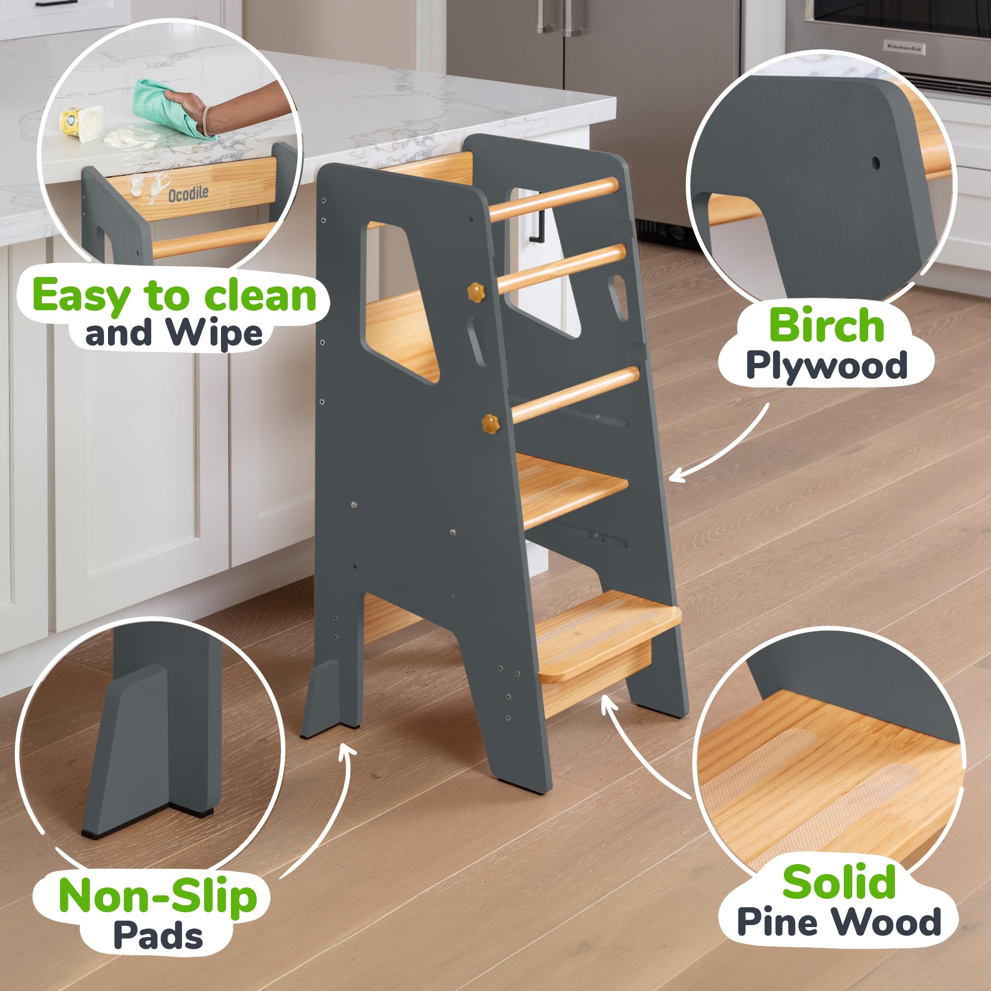 OCODILE gray modern toddler tower complements small kitchen spaces