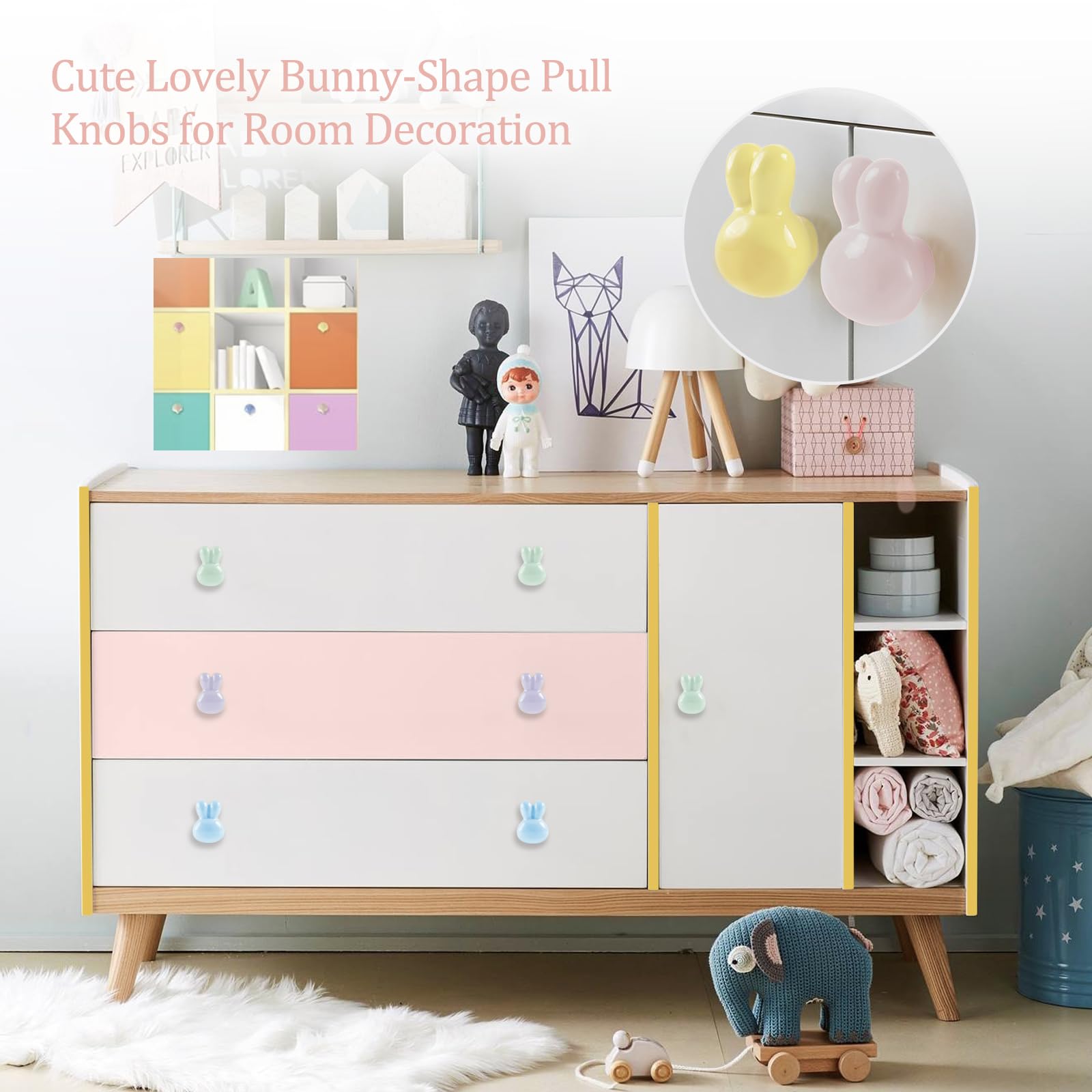 OctinPris bunny knob blue front view brightens drawers and encourages organization.